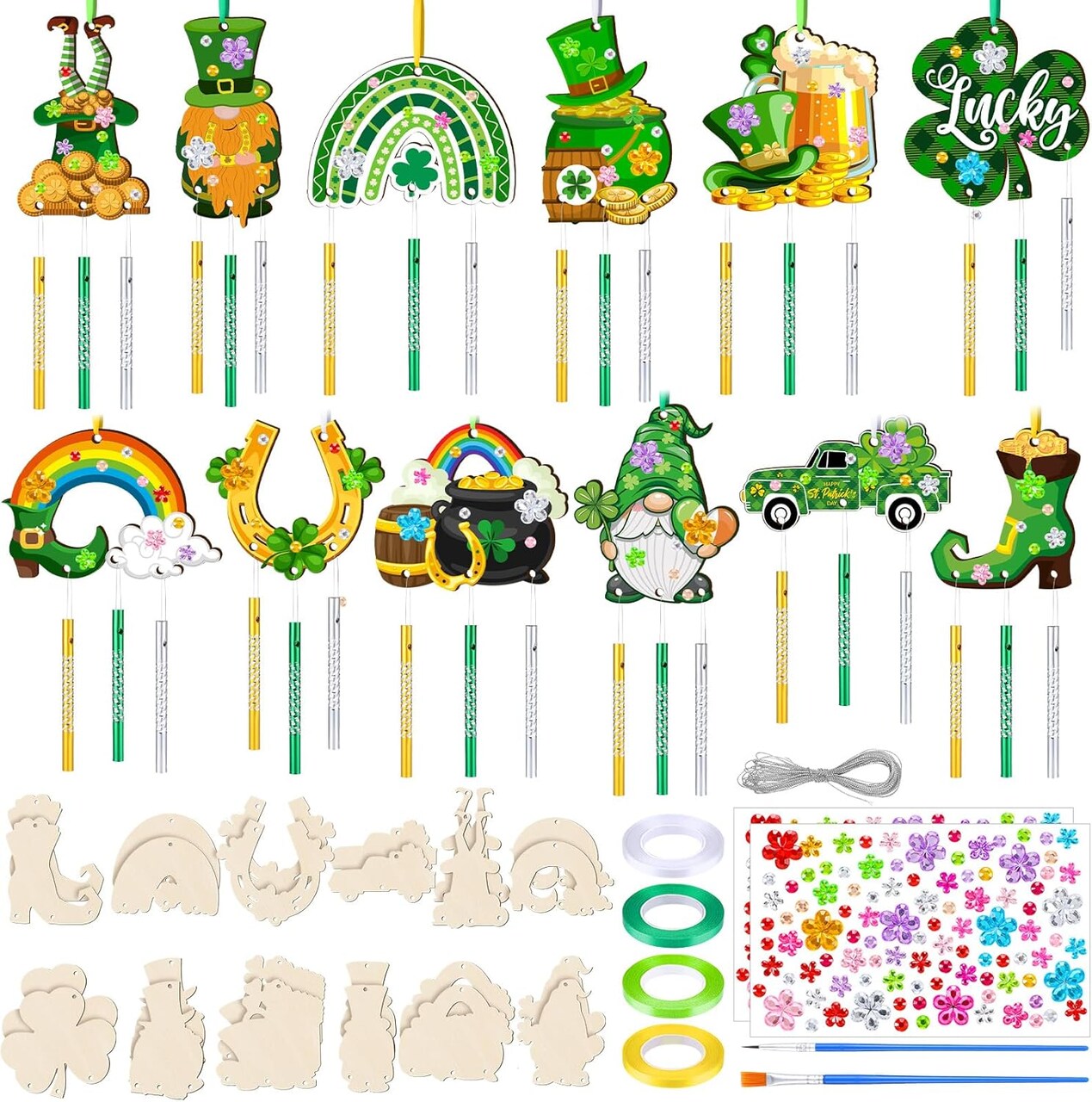 24 Sets St. Patrick's Day Craft Shamrock Wind Chime Kit Make Your Own Shamrock